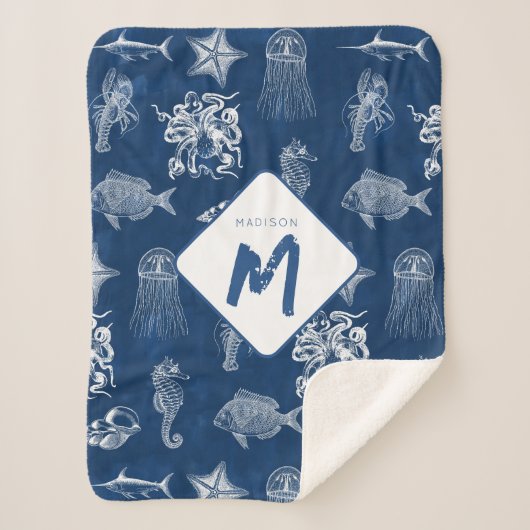 Couverture Sherpa Aquarelle bleu marine Océan Animaux marins Monogra (Devant)