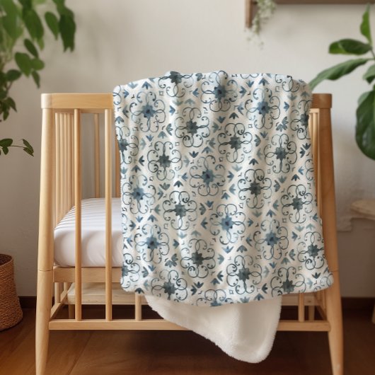 Couverture Sherpa Aquarelle bleue et blanche Carrelage marocain Moti