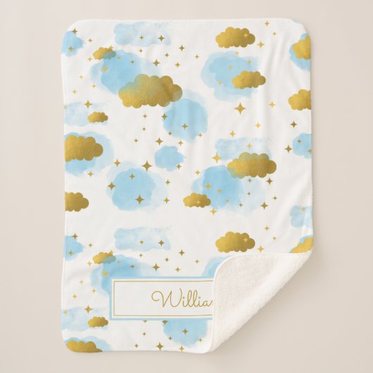 Couverture Sherpa Aquarelle bleue Nuages Gold Stars Sky (Devant)