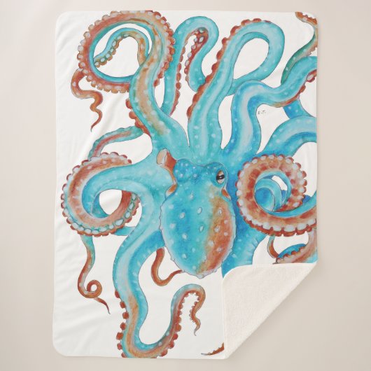 Couverture Sherpa Aquarelle bleue pâle octopique Turquoise (Devant)