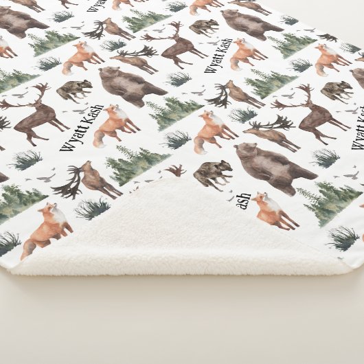 Couverture Sherpa Aquarelle Bois Forêt Animaux Nom (3/4)
