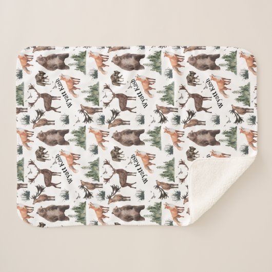Couverture Sherpa Aquarelle Bois Forêt Animaux Nom (Devant (Horizontal))