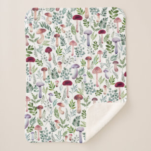 Couverture Sherpa Aquarelle Champignons et feuilles de verdure motif
