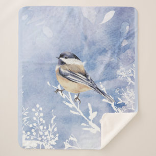 Couverture Sherpa Aquarelle Chickadee Oiseau d'hiver Faune Nature