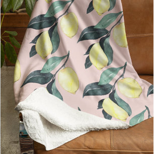 Couverture Sherpa Aquarelle Citrons et Feuilles Motif jaune sans cou