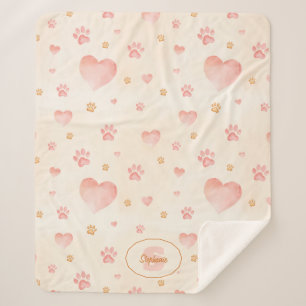 Couverture Sherpa Aquarelle Coeurs et Empreintes de pattes Motif