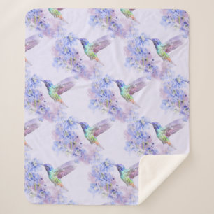 Couverture Sherpa Aquarelle Colibri Jardin Oiseau Mauve