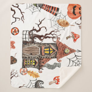 Couverture Sherpa Aquarelle d'Halloween : Haunted House Motif.