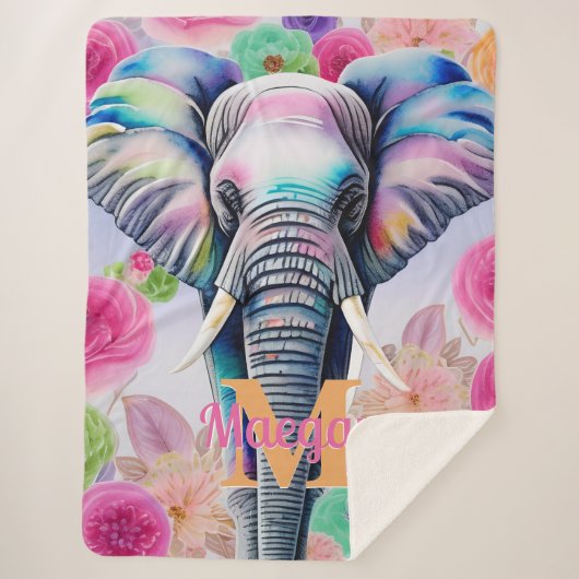 Couverture Sherpa Aquarelle Eléphant avec Fleurs Nom personnalisé (Devant)