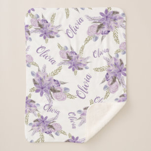 Couverture Sherpa Aquarelle fleurie pourpre Baby Girl Nom script