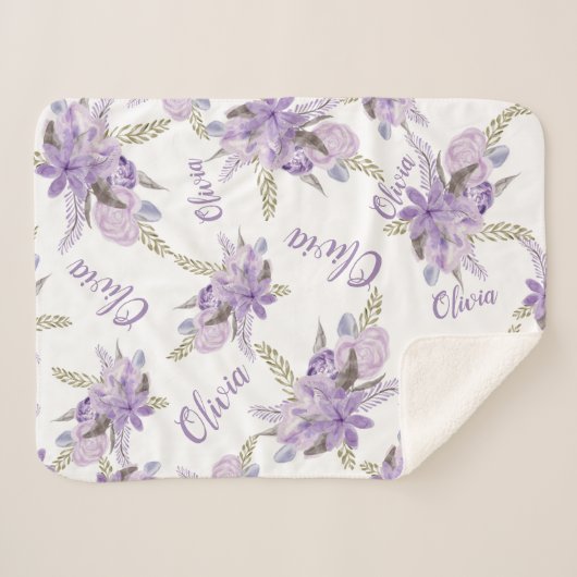 Couverture Sherpa Aquarelle fleurie pourpre Baby Girl Nom script (Devant (Horizontal))