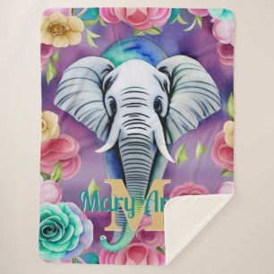 Couverture Sherpa Aquarelle florale Eléphant Nom personnalisé