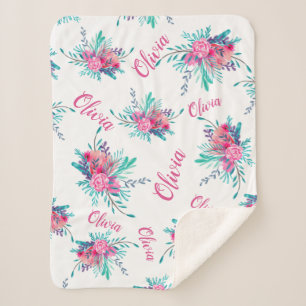 Couverture Sherpa Aquarelle florale rose néon Baby Girl Nom script