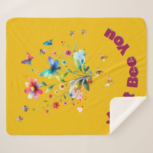 Couverture Sherpa Aquarelle florale simple Monogramme Abeille sur mo (Devant (Horizontal))