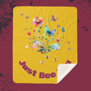 Couverture Sherpa Aquarelle florale simple Monogramme Abeille sur mo