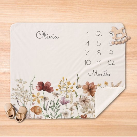 Couverture Sherpa Aquarelle Joli Fleur sauvage Milestone Baby