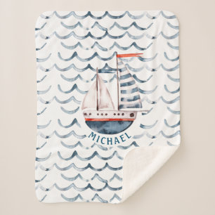 Couverture Sherpa Aquarelle marin rouge et bleu monogramme