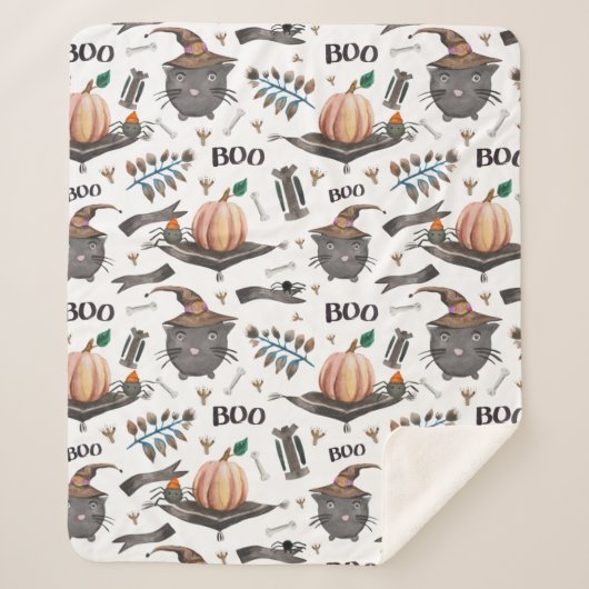 Couverture Sherpa Aquarelle mignonne Halloween Citrouille, Chat, Boo (Devant)