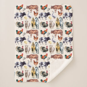 Couverture Sherpa Aquarelle motif des animaux de ferme