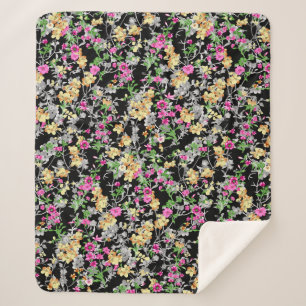 Couverture Sherpa aquarelle motif floral transparent fond noir