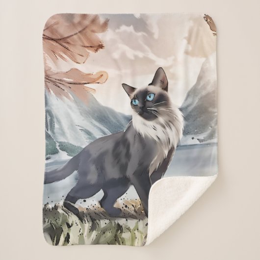 Couverture Sherpa Aquarelle Noir et Blanc Fluffin Chat dans la natur (Devant)