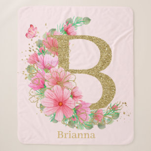 Couverture Sherpa Aquarelle Or et Monogramme Floral Lettre B