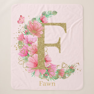 Couverture Sherpa Aquarelle Or et Monogramme Floral Lettre F
