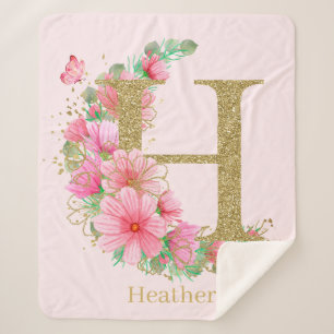 Couverture Sherpa Aquarelle Or et Monogramme Floral Lettre H