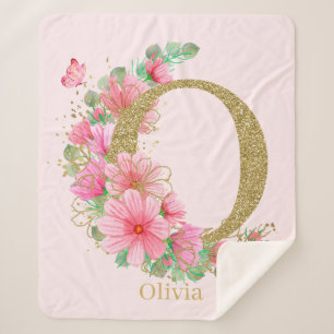 Couverture Sherpa Aquarelle Or et Monogramme Floral Lettre O