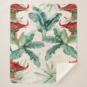 Couverture Sherpa Aquarelle Pagode asiatique dans paysage verdoyant