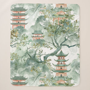 Couverture Sherpa Aquarelle Pagode asiatique dans paysage verdoyant