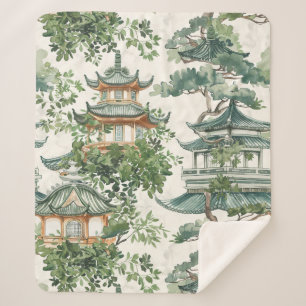 Couverture Sherpa Aquarelle Pagode asiatique dans paysage verdoyant