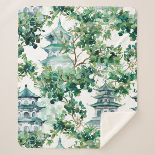 Couverture Sherpa Aquarelle Pagode asiatique dans paysage verdoyant 