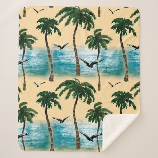 Couverture Sherpa Aquarelle plage de texture transparente. Palmiers, (Devant)