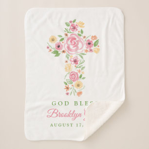 Couverture Sherpa Aquarelle rose Croix Baptême / Christening