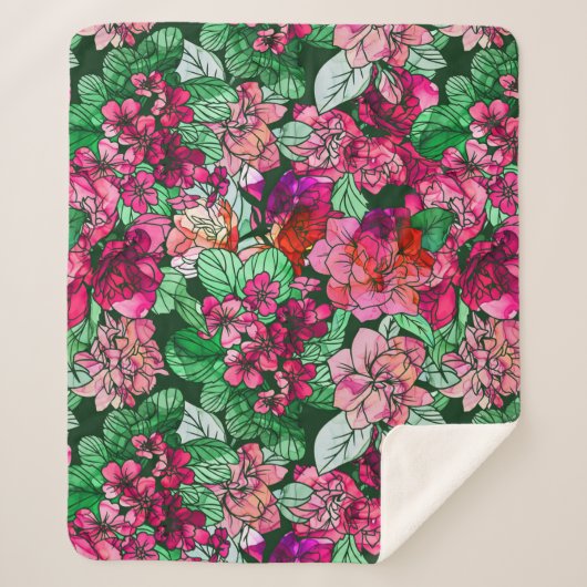 Couverture Sherpa Aquarelle rose Fleurs de Jardin Motif Floral (Devant)