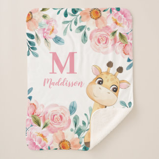 Couverture Sherpa Aquarelle rose Floral avec Monogramme Giraffe