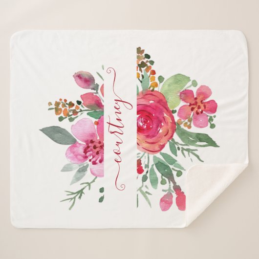 Couverture Sherpa Aquarelle rose floral personnalisé (Devant (Horizontal))