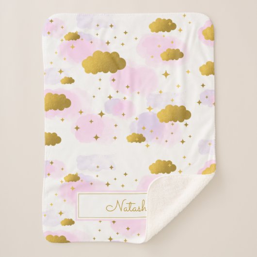 Couverture Sherpa Aquarelle rose Nuages Gold Stars Sky (Devant)