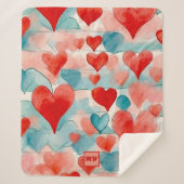 Couverture Sherpa Aquarelle rouge, bleu, doux, coeurs roses monogram (Devant)
