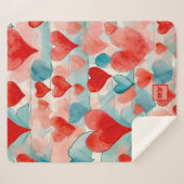 Couverture Sherpa Aquarelle rouge, bleu, doux, coeurs roses monogram (Devant (Horizontal))