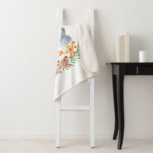 Couverture Sherpa Aquarelle Safari Bébé Animaux Blue Elephant (En situation)