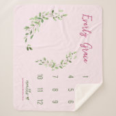 Couverture Sherpa Aquarelle Vert Feuilles rose bébé fille jalon (Devant)