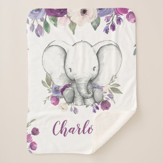 Couverture Sherpa Aquarelle violette Eléphant floral personnalisé (Devant)
