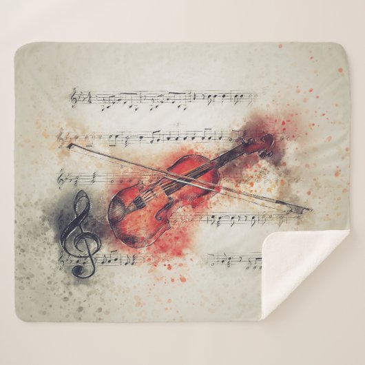 Couverture Sherpa Aquarelle Violon Feuille Musique Rouille Crème Noi (Devant (Horizontal))
