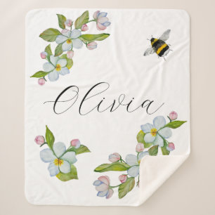 Couverture Sherpa Arbre de jardin aquarelle fleurs et bourdons.