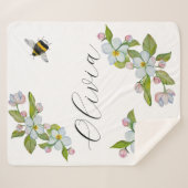 Couverture Sherpa Arbre de jardin aquarelle fleurs et bourdons. (Devant (Horizontal))