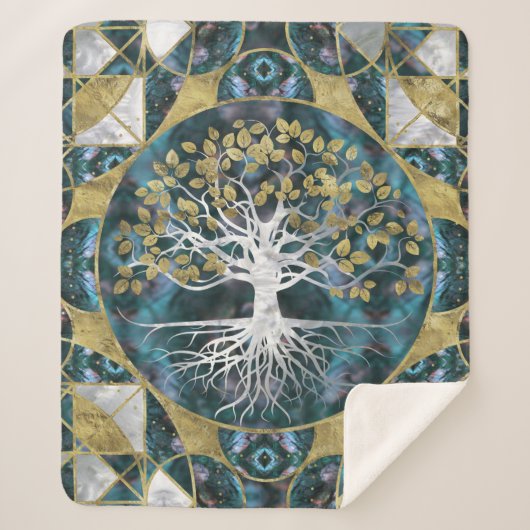 Couverture Sherpa Arbre de la vie - Yggdrasil - marbre et or (Devant)