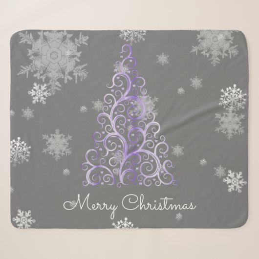 Couverture Sherpa Arbre de Noël pourpre et flocons de neige (Devant (Horizontal))