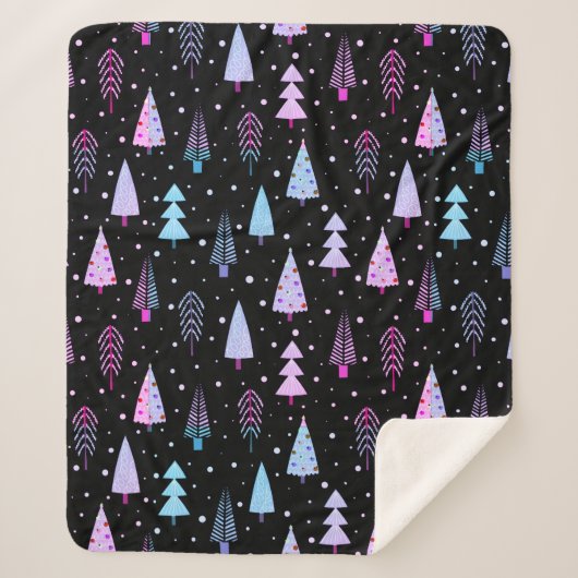 Couverture Sherpa Arbres de Noël modernes violet rose Motif noir (Devant)